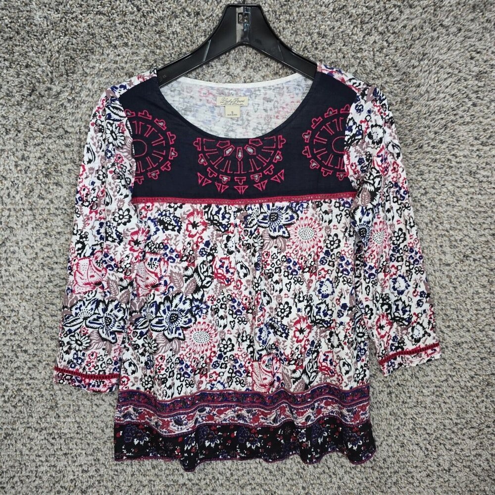 Lucky Brand Top Womens Small Red Boho Embroidered 3/4 Sleeve Casual Ladies